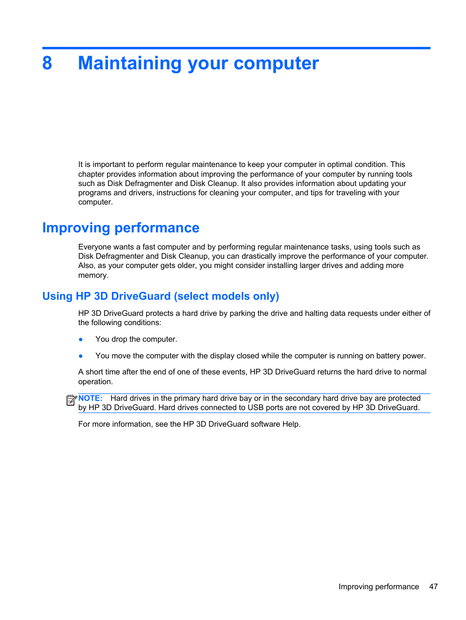 Maintaining your computer, Improving performance, Using hp 3d driveguard (select models only) | 8 maintaining your computer, 8maintaining your computer | HP ENVY Sleekbook 6-1040ca User Manual | Page 57 / 88