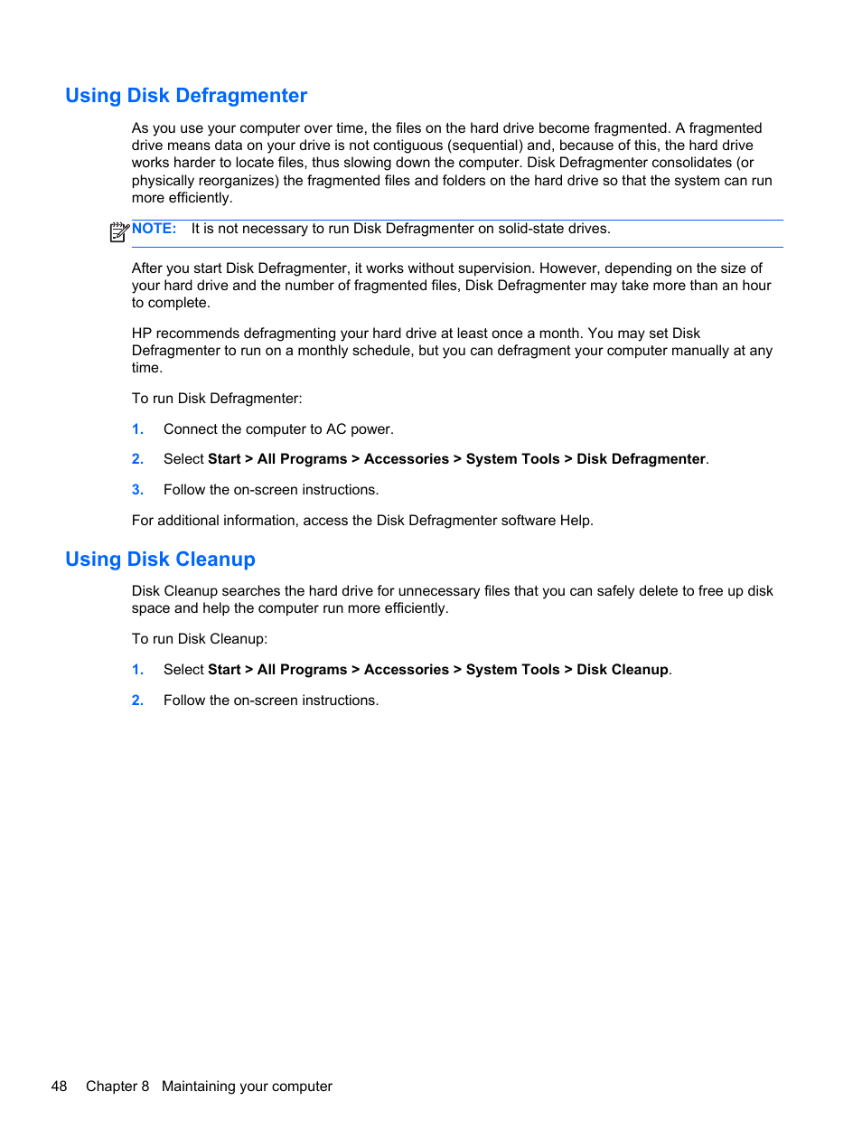 Using disk defragmenter, Using disk cleanup, Using disk defragmenter using disk cleanup | HP ENVY Sleekbook 6-1040ca User Manual | Page 58 / 88