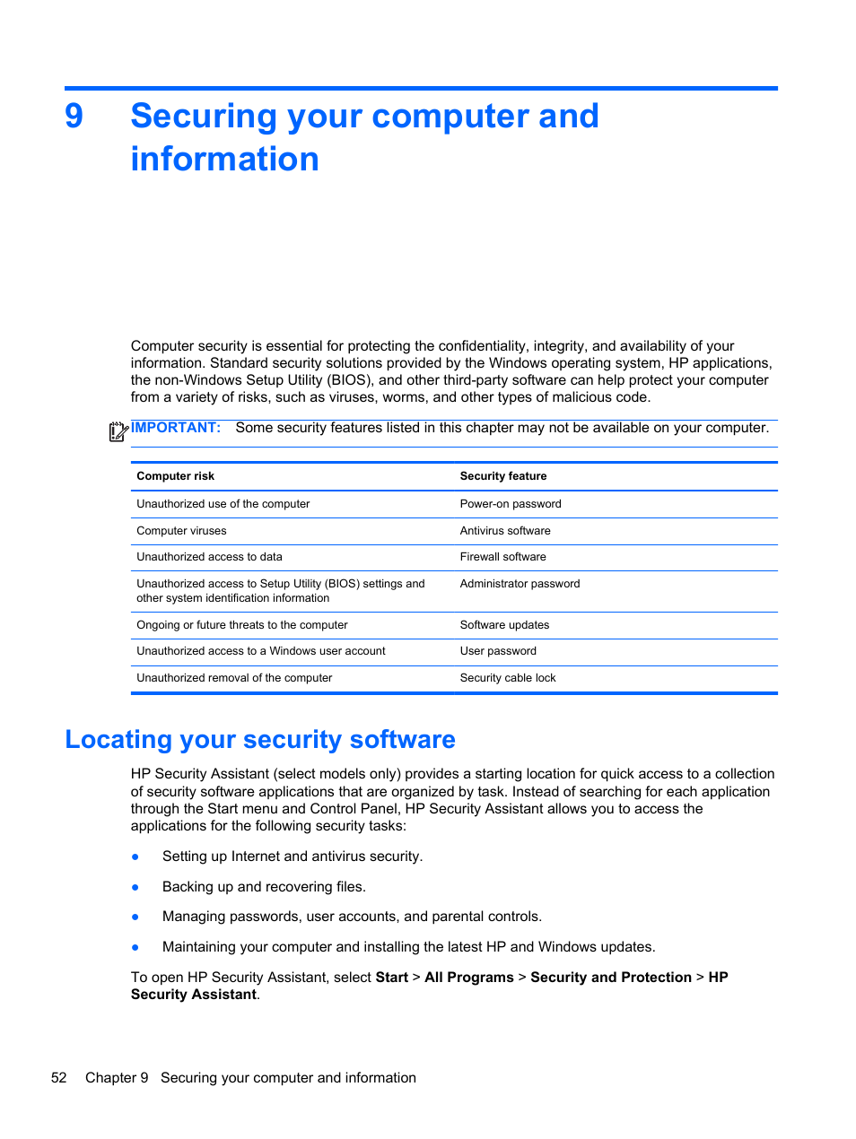 Securing your computer and information, Locating your security software, 9 securing your computer and information | 9securing your computer and information | HP ENVY Sleekbook 6-1040ca User Manual | Page 62 / 88