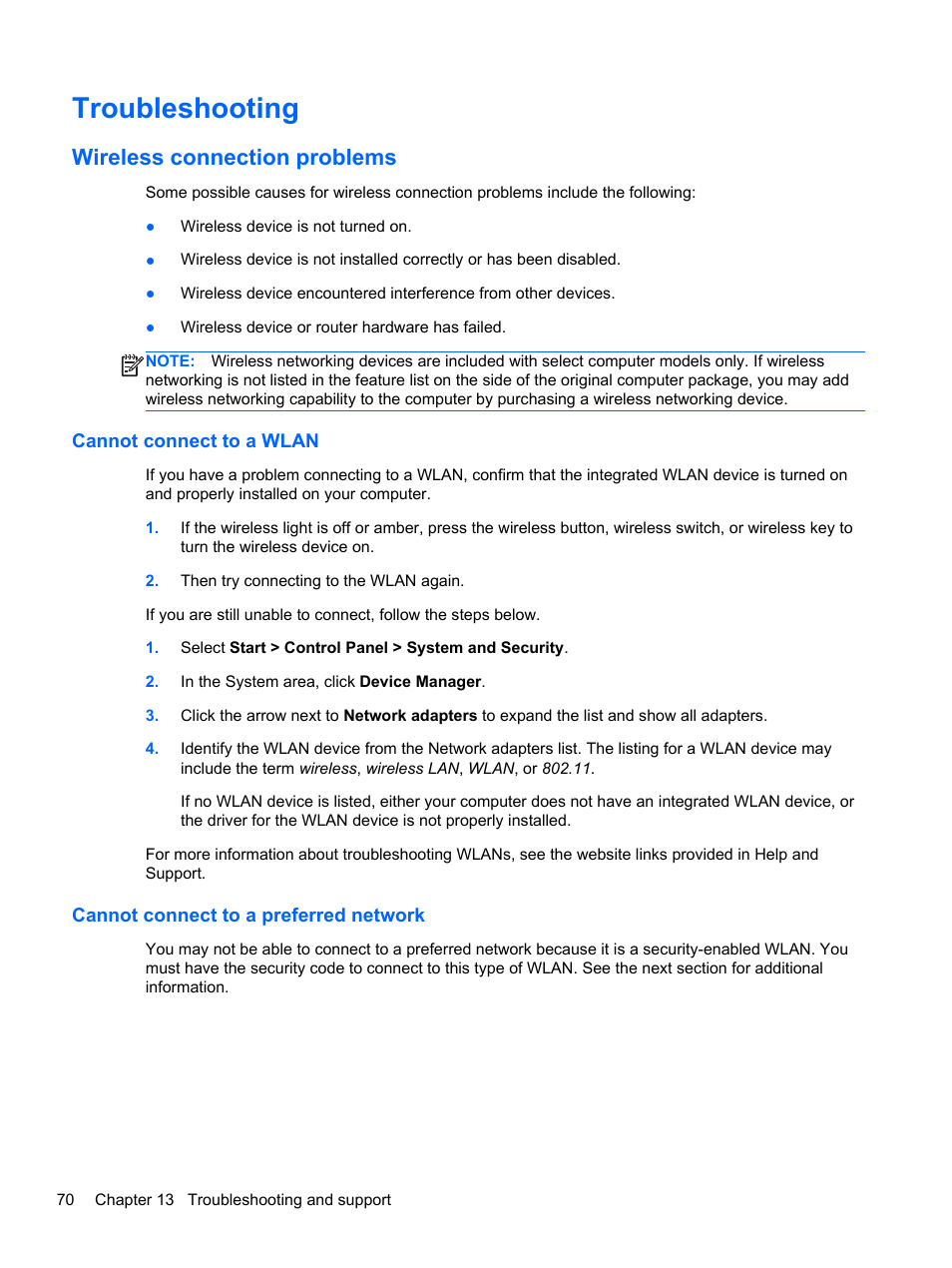 Troubleshooting, Wireless connection problems, Cannot connect to a wlan | Cannot connect to a preferred network | HP ENVY Sleekbook 6-1040ca User Manual | Page 80 / 88