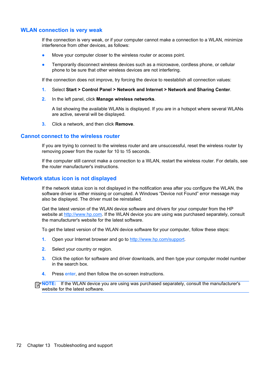 Wlan connection is very weak, Cannot connect to the wireless router, Network status icon is not displayed | HP ENVY Sleekbook 6-1040ca User Manual | Page 82 / 88