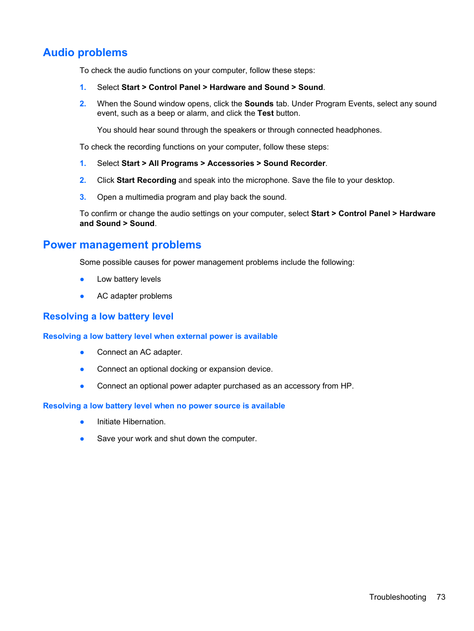 Audio problems, Power management problems, Resolving a low battery level | Audio problems power management problems | HP ENVY Sleekbook 6-1040ca User Manual | Page 83 / 88