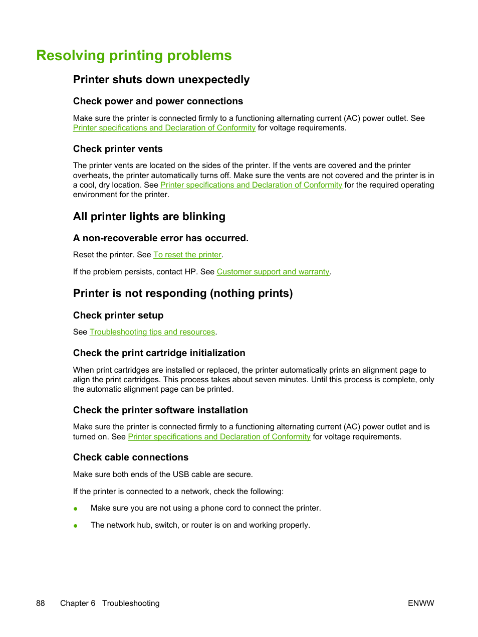 Resolving printing problems, Printer shuts down unexpectedly, Check power and power connections | Check printer vents, All printer lights are blinking, A non-recoverable error has occurred, Printer is not responding (nothing prints), Check printer setup, Check the print cartridge initialization, Check the printer software installation | HP Photosmart Pro B8353 Printer User Manual | Page 98 / 154