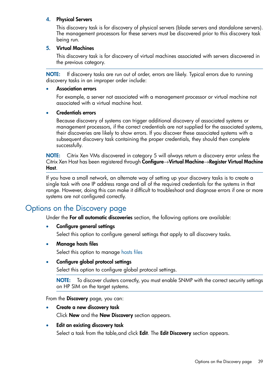 Options on the discovery page | HP Systems Insight Manager User Manual | Page 39 / 254