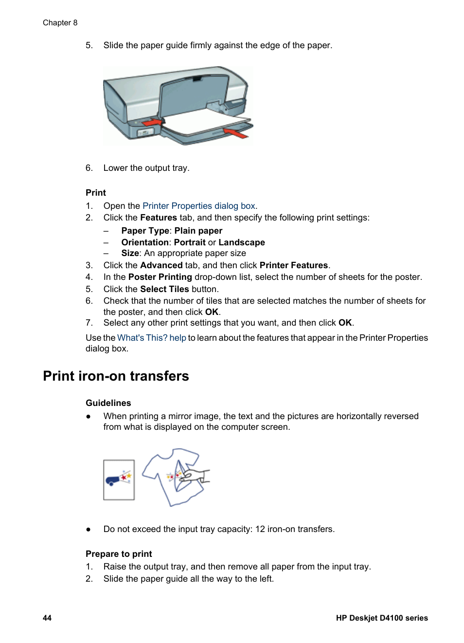 Print iron-on transfers, Iron-on transfers | HP Deskjet D4160 Printer User Manual | Page 46 / 102