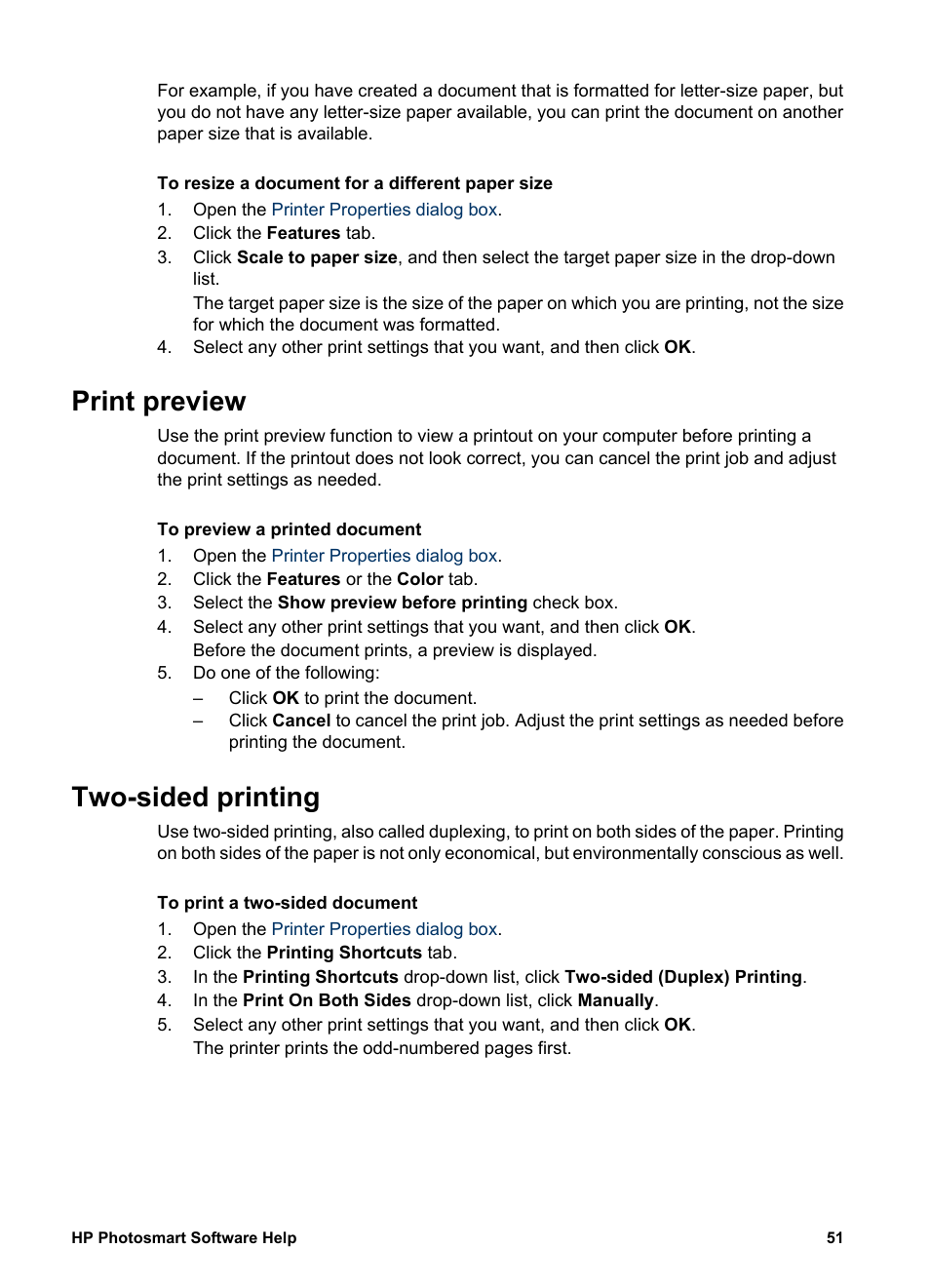 Print preview, Two-sided printing, Print preview two-sided printing | Print a, Two-sided document, Preview, Two-sided, duplex, printing | HP Deskjet D4160 Printer User Manual | Page 53 / 102
