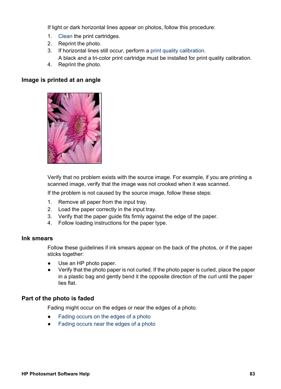 Image is printed at an angle, Ink smears, Part of the photo is faded | Fading occurs on the edges of a photo | HP Deskjet D4160 Printer User Manual | Page 85 / 102