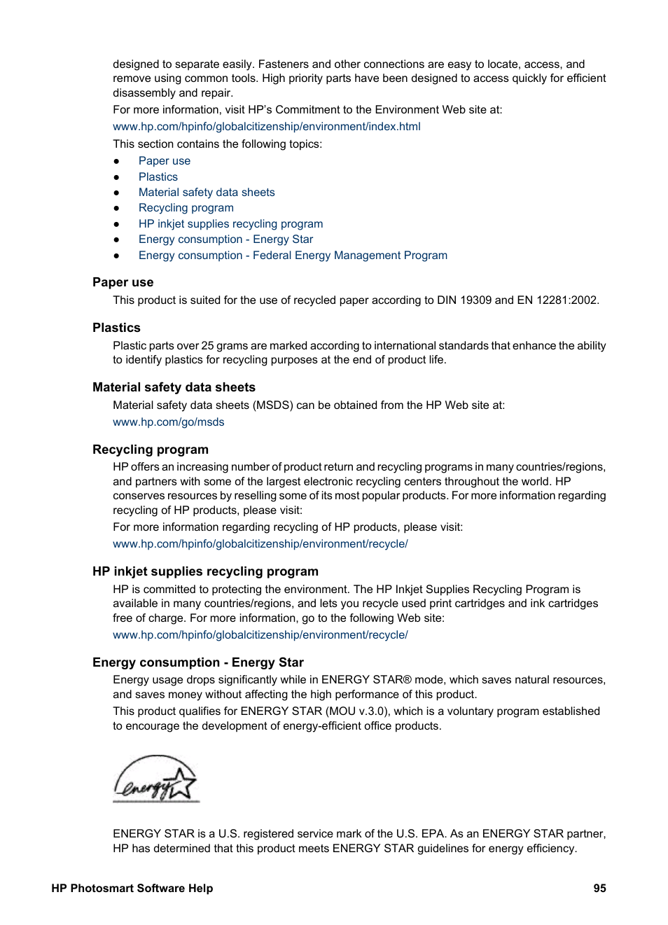 Paper use, Plastics, Material safety data sheets | Recycling program, Hp inkjet supplies recycling program, Energy consumption - energy star, Hp inkjet supplies recycling, Program | HP Deskjet D4160 Printer User Manual | Page 97 / 102