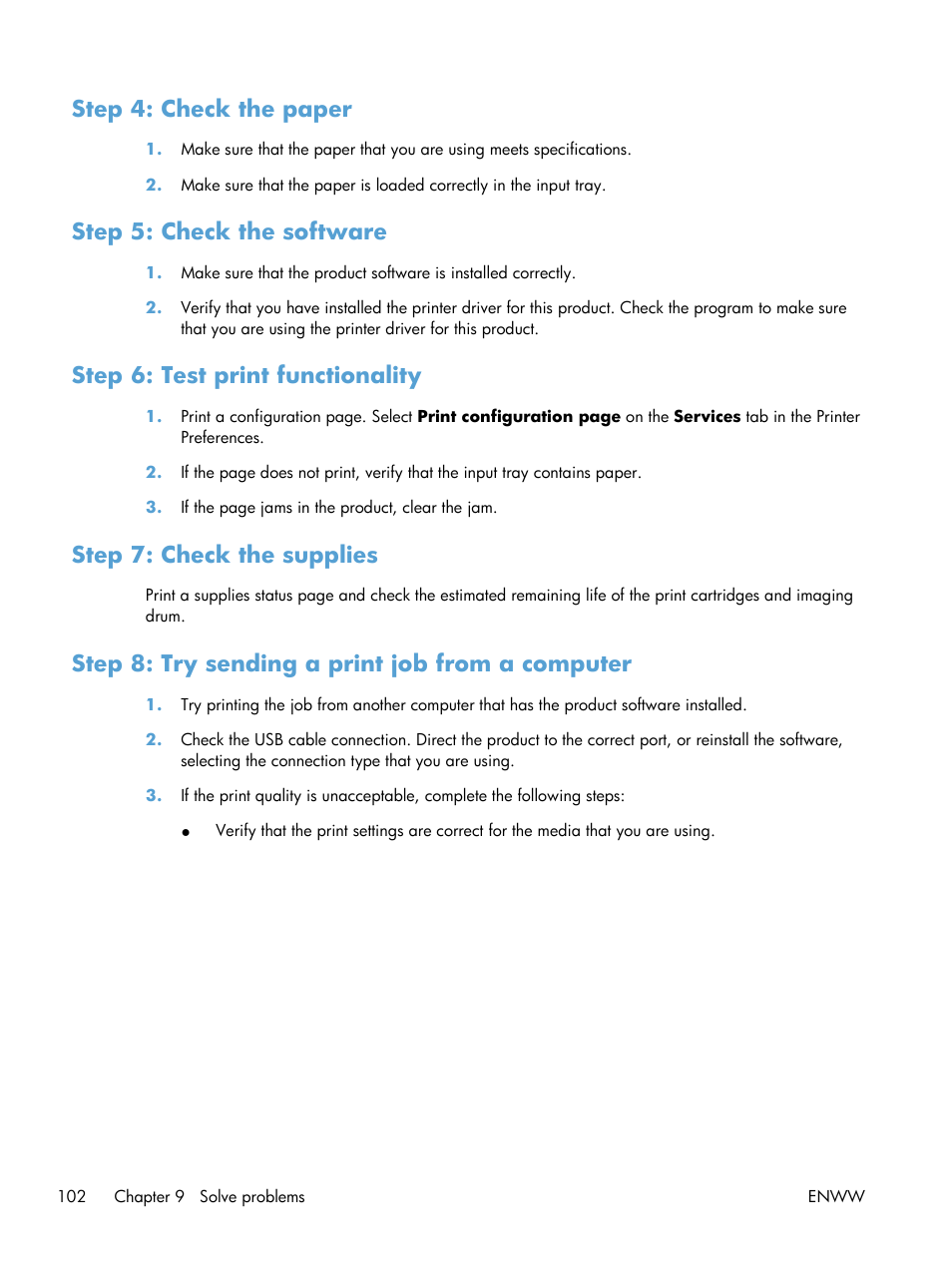 Step 4: check the paper, Step 5: check the software, Step 6: test print functionality | Step 7: check the supplies, Step 8: try sending a print job from a computer | HP LaserJet Pro CP1025nw Color Printer User Manual | Page 114 / 186