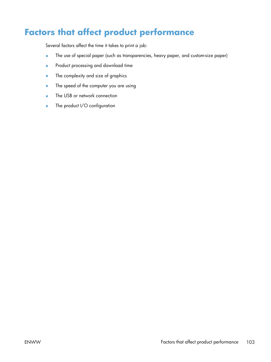 Factors that affect product performance | HP LaserJet Pro CP1025nw Color Printer User Manual | Page 115 / 186