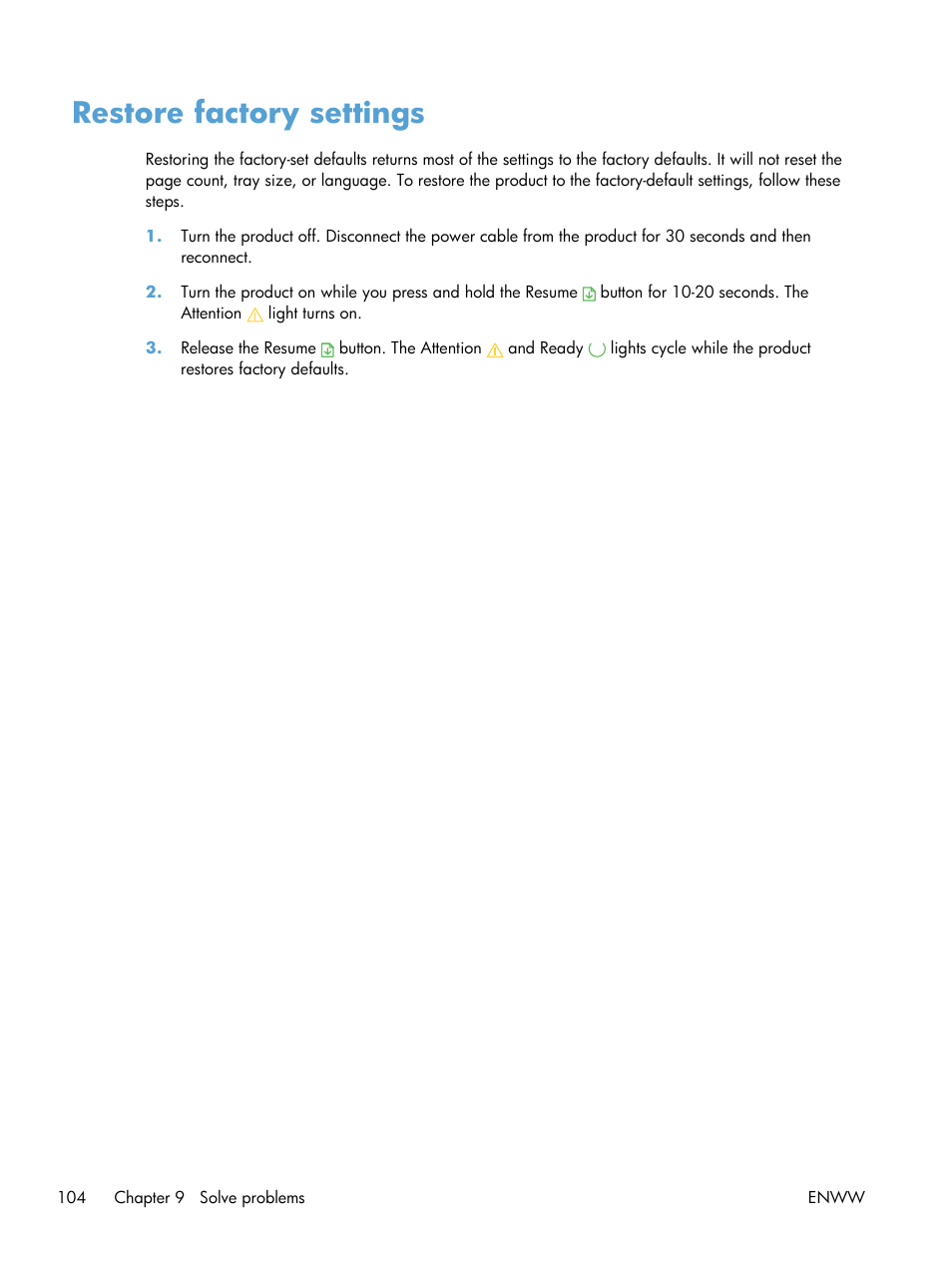 Restore factory settings | HP LaserJet Pro CP1025nw Color Printer User Manual | Page 116 / 186