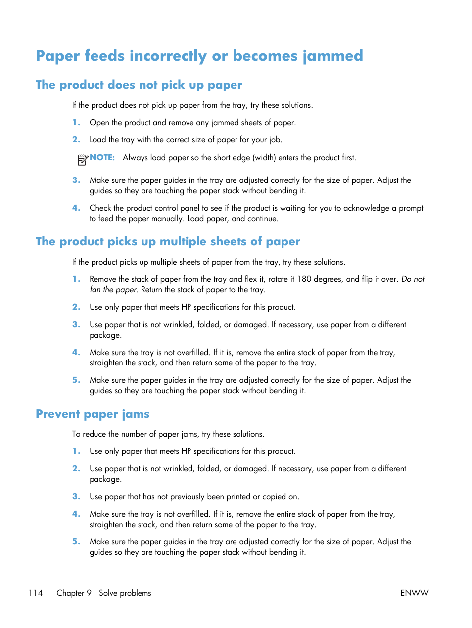 Paper feeds incorrectly or becomes jammed, The product does not pick up paper, The product picks up multiple sheets of paper | Prevent paper jams | HP LaserJet Pro CP1025nw Color Printer User Manual | Page 126 / 186