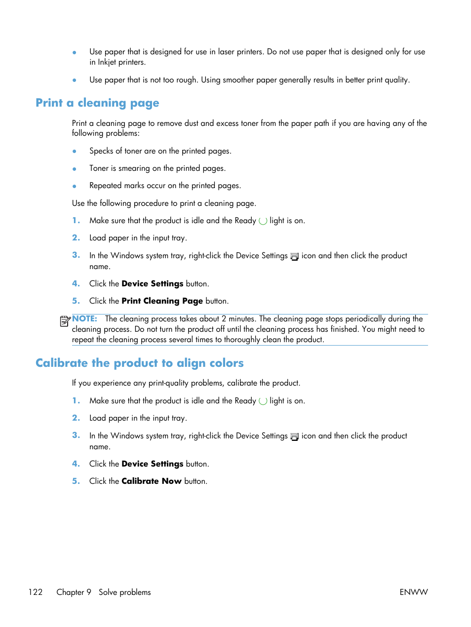 Calibrate the product to align colors, Print a cleaning page | HP LaserJet Pro CP1025nw Color Printer User Manual | Page 134 / 186