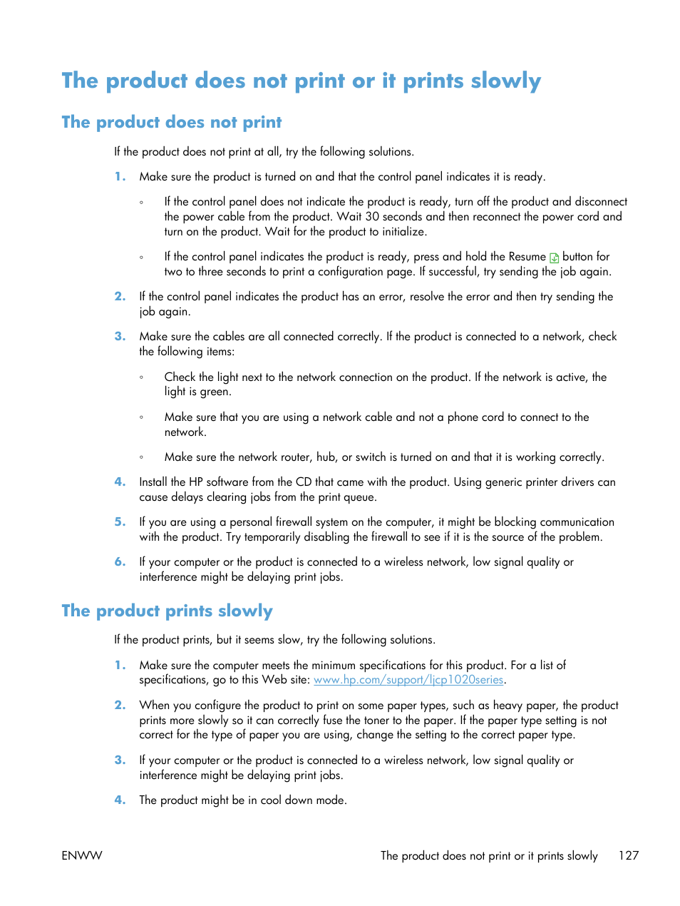 The product does not print or it prints slowly, The product does not print, The product prints slowly | HP LaserJet Pro CP1025nw Color Printer User Manual | Page 139 / 186