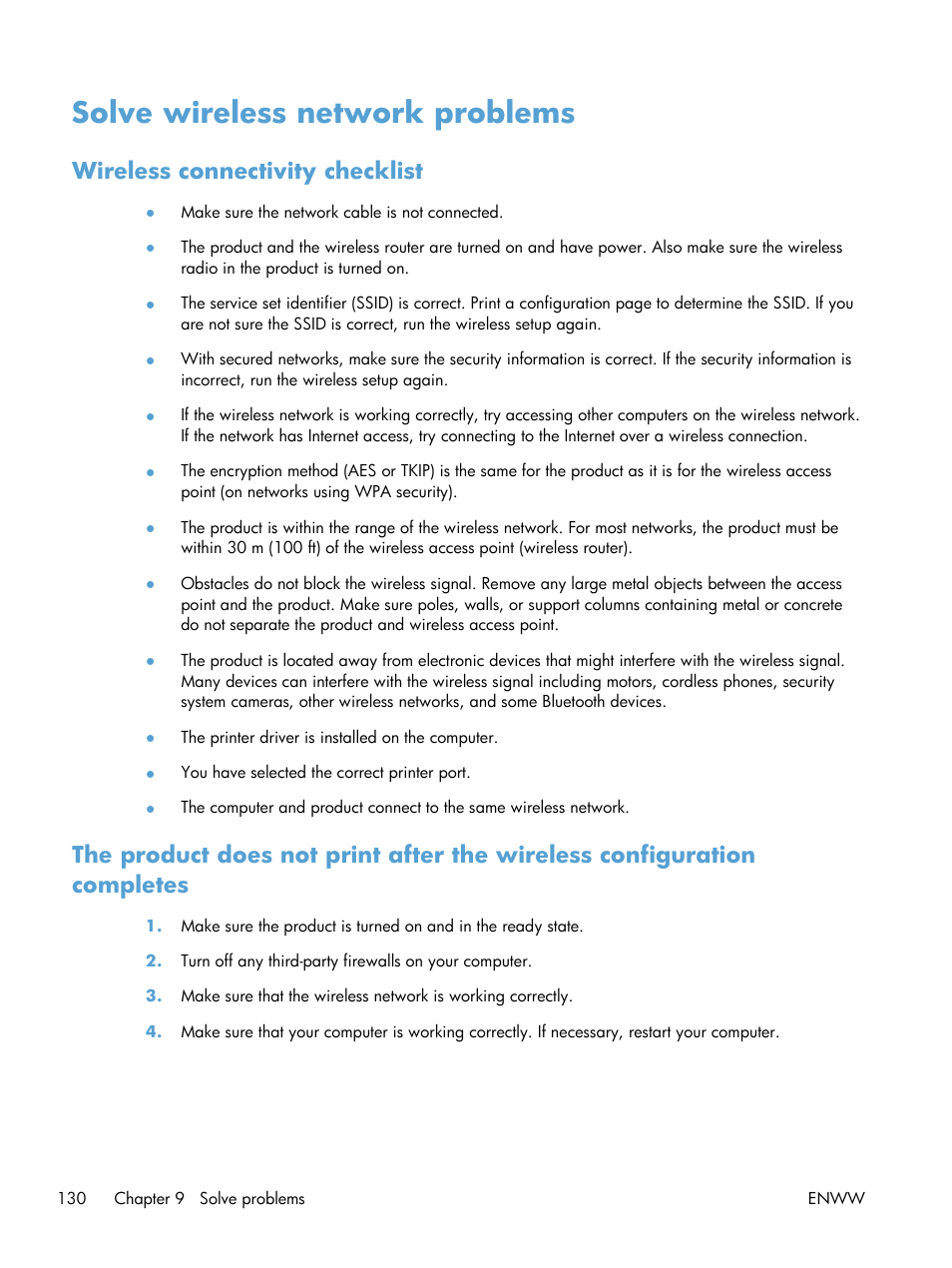Solve wireless network problems, Wireless connectivity checklist | HP LaserJet Pro CP1025nw Color Printer User Manual | Page 142 / 186
