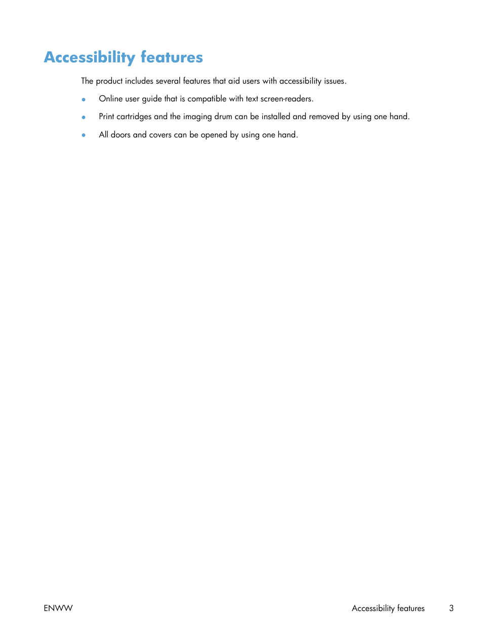 Accessibility features | HP LaserJet Pro CP1025nw Color Printer User Manual | Page 15 / 186