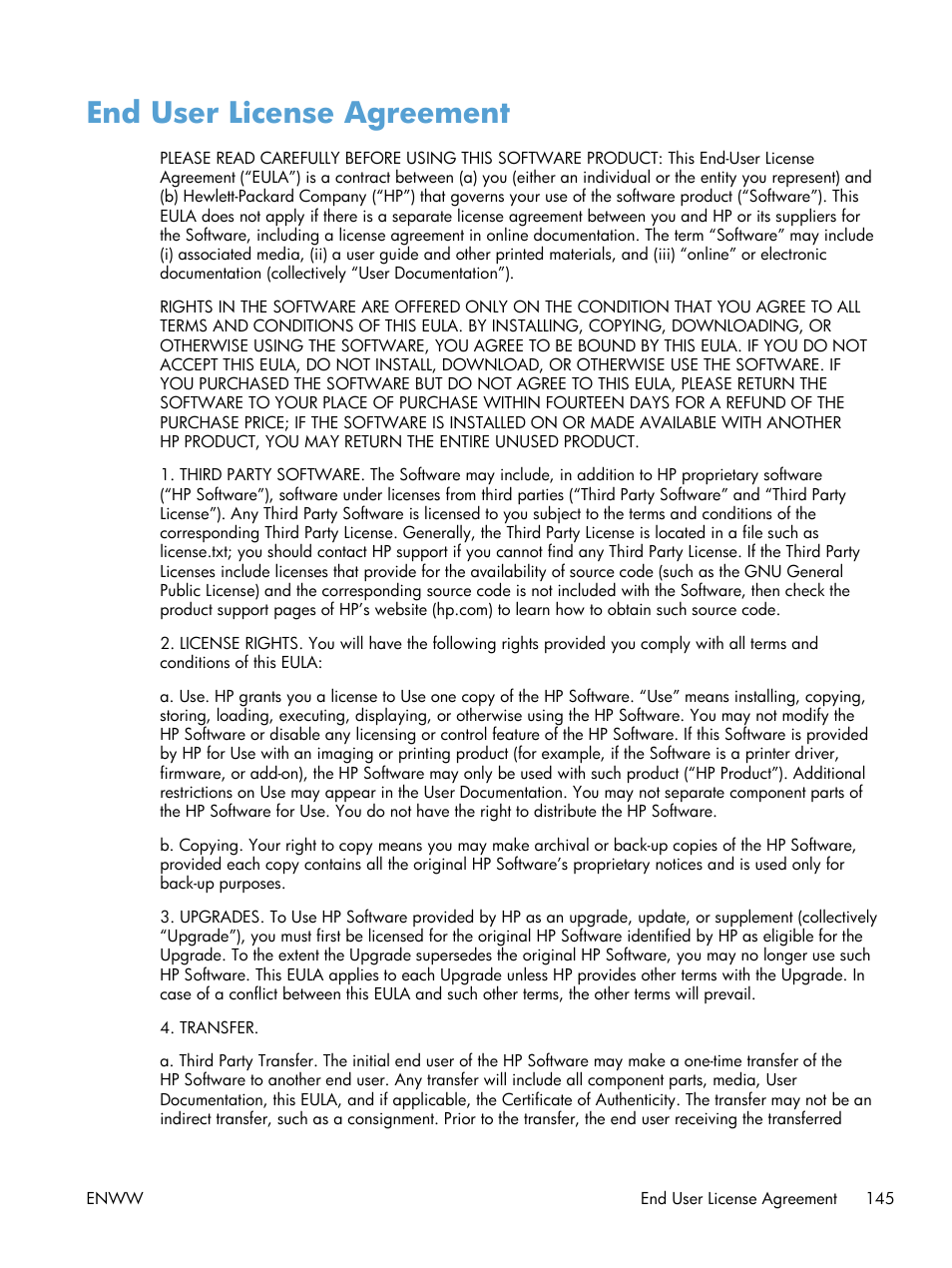 End user license agreement | HP LaserJet Pro CP1025nw Color Printer User Manual | Page 157 / 186