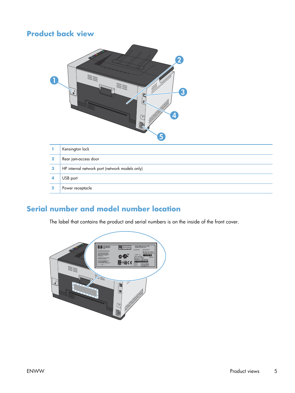 Product back view, Serial number and model number location | HP LaserJet Pro CP1025nw Color Printer User Manual | Page 17 / 186