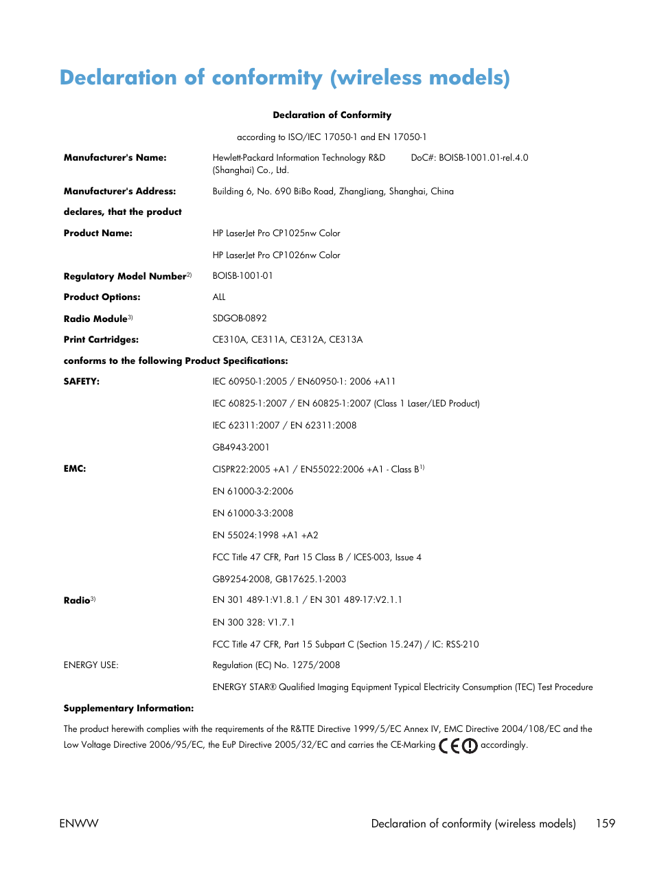 Declaration of conformity (wireless models) | HP LaserJet Pro CP1025nw Color Printer User Manual | Page 171 / 186