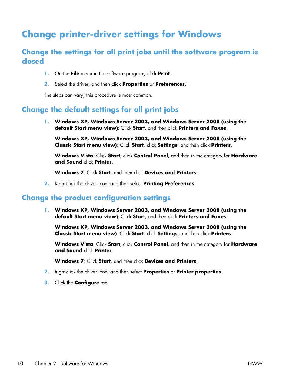 Change printer-driver settings for windows, Change the default settings for all print jobs, Change the product configuration settings | HP LaserJet Pro CP1025nw Color Printer User Manual | Page 22 / 186