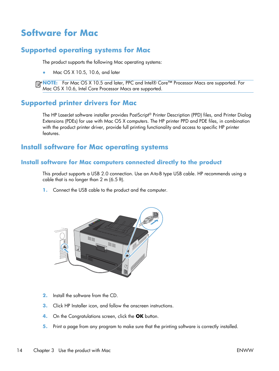 Software for mac, Supported operating systems for mac, Supported printer drivers for mac | Install software for mac operating systems | HP LaserJet Pro CP1025nw Color Printer User Manual | Page 26 / 186