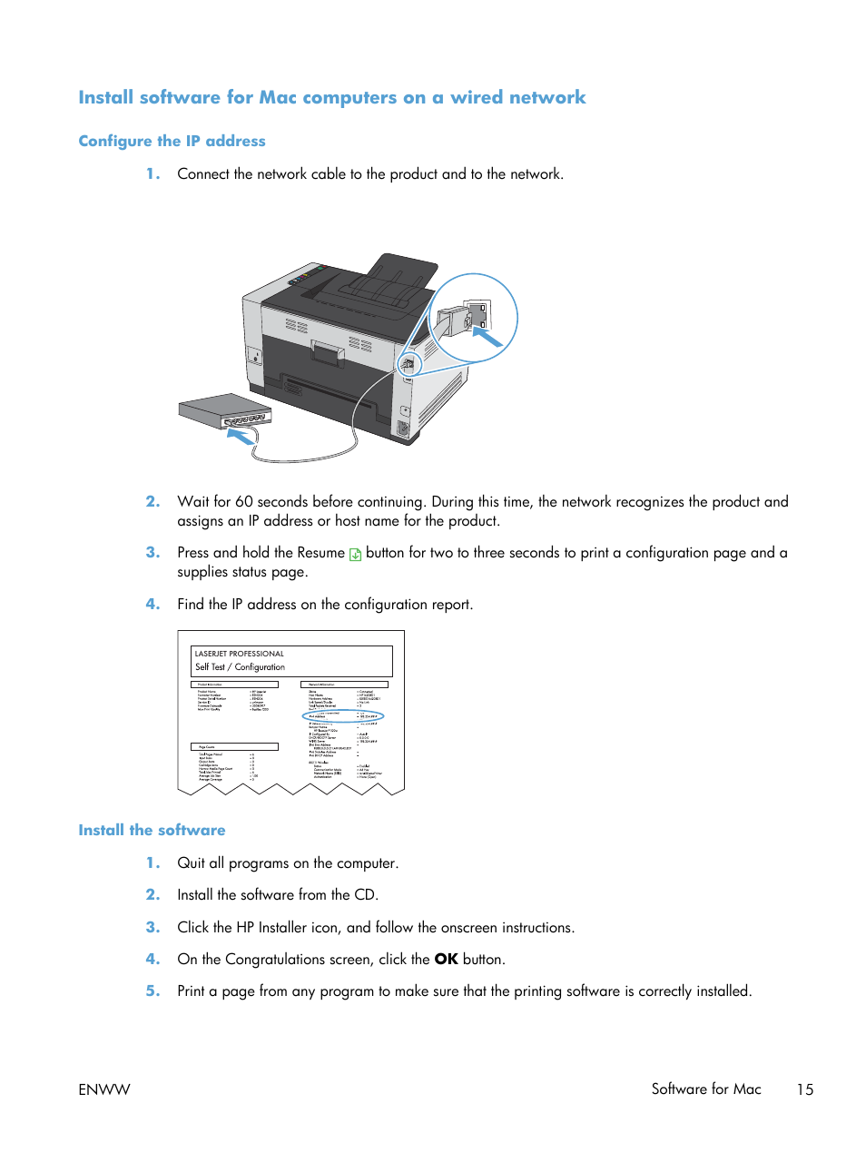 Configure the ip address, Install the software | HP LaserJet Pro CP1025nw Color Printer User Manual | Page 27 / 186