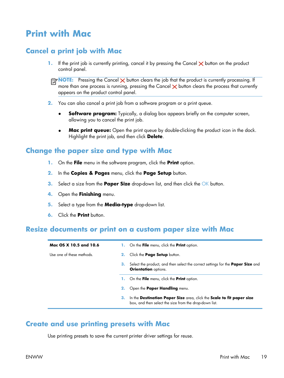 Print with mac, Cancel a print job with mac, Change the paper size and type with mac | Create and use printing presets with mac | HP LaserJet Pro CP1025nw Color Printer User Manual | Page 31 / 186