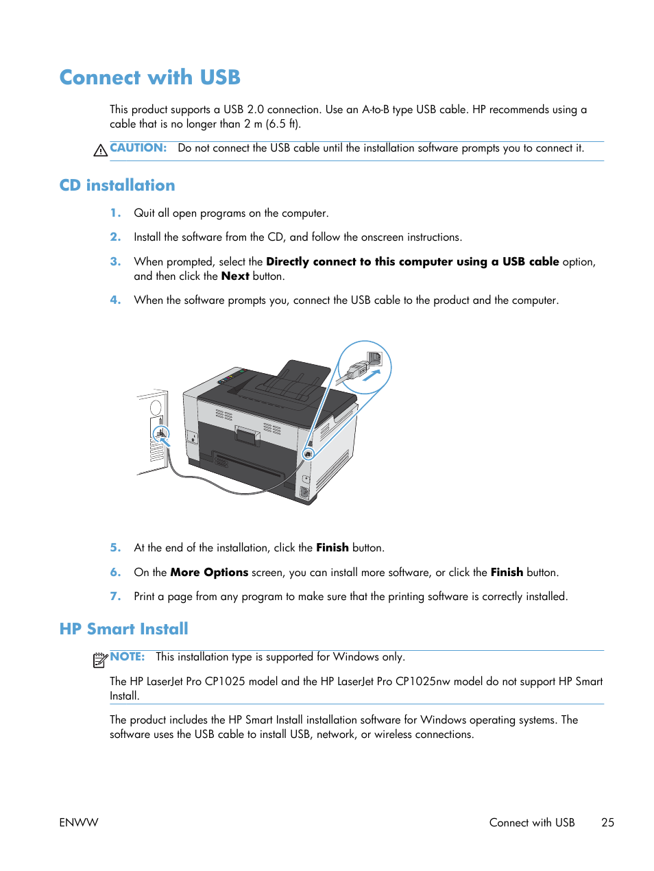 Connect with usb, Cd installation, Hp smart install | Cd installation hp smart install | HP LaserJet Pro CP1025nw Color Printer User Manual | Page 37 / 186
