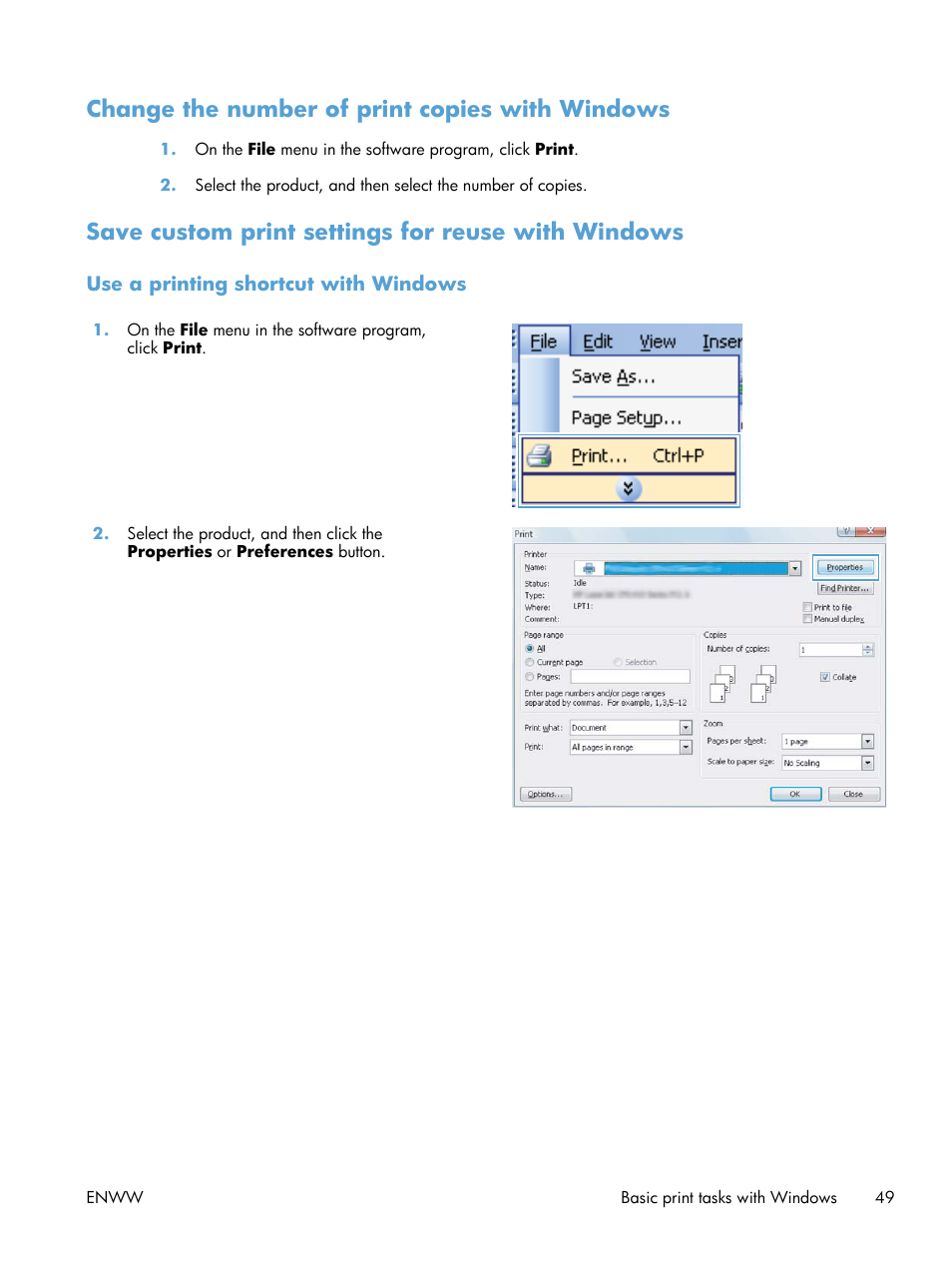 Change the number of print copies with windows, Save custom print settings for reuse with windows, Use a printing shortcut with windows | HP LaserJet Pro CP1025nw Color Printer User Manual | Page 61 / 186