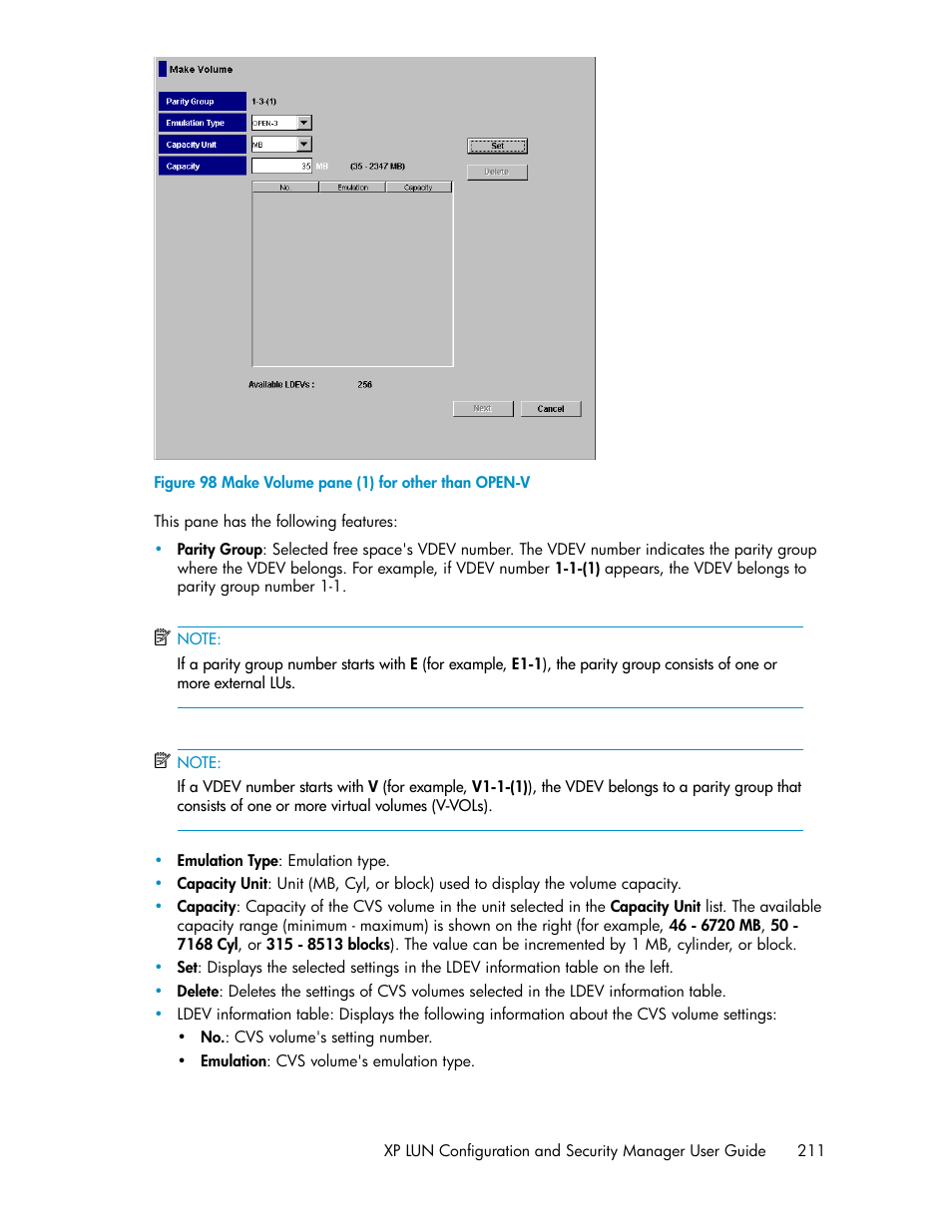 Make volume pane (1) for other than open-v | HP StorageWorks XP Remote Web Console Software User Manual | Page 211 / 250