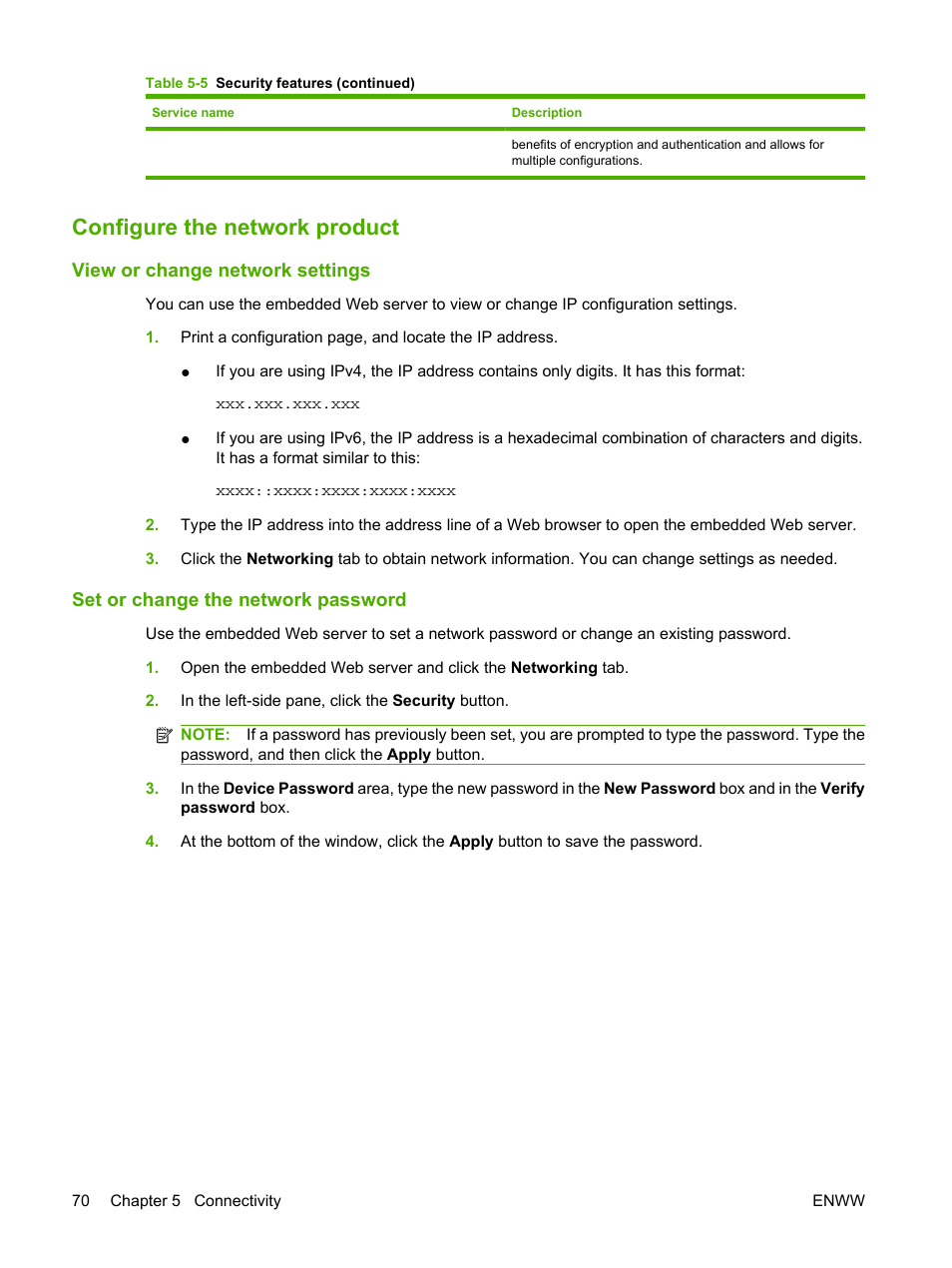 Configure the network product, View or change network settings, Set or change the network password | HP Color LaserJet CP3520 Printer Series User Manual | Page 82 / 264