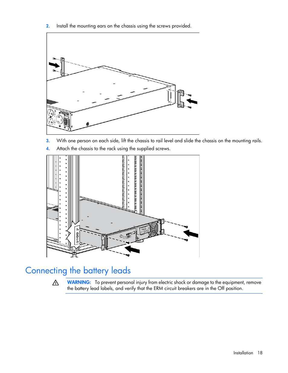 Connecting the battery leads | HP Tower Uninterruptible Power System User Manual | Page 18 / 80