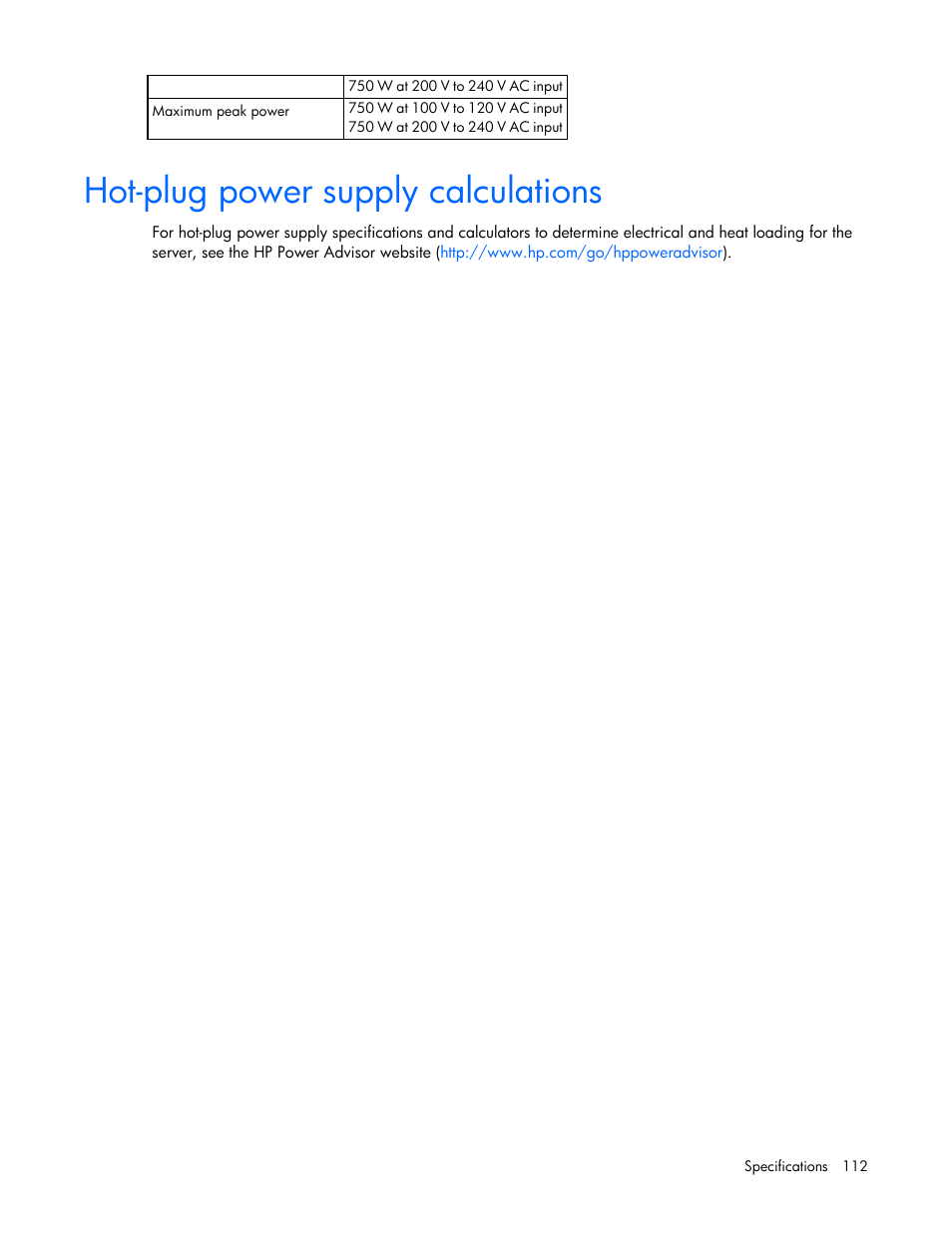 Hot-plug power supply calculations | HP ProLiant ML350e Gen8 v2-Server User Manual | Page 112 / 129