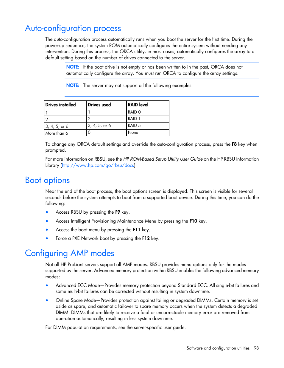 Auto-configuration process, Boot options, Configuring amp modes | HP ProLiant ML350e Gen8 v2-Server User Manual | Page 98 / 129
