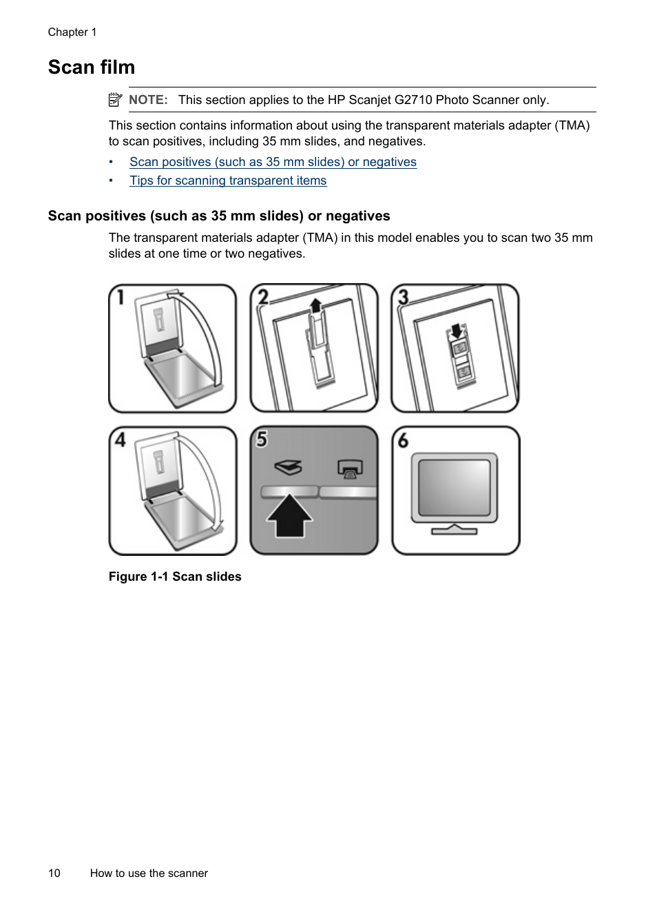 Scan film, Scan positives (such as 35 mm slides) or negatives | HP Scanjet G2410 Flatbed Scanner User Manual | Page 12 / 30