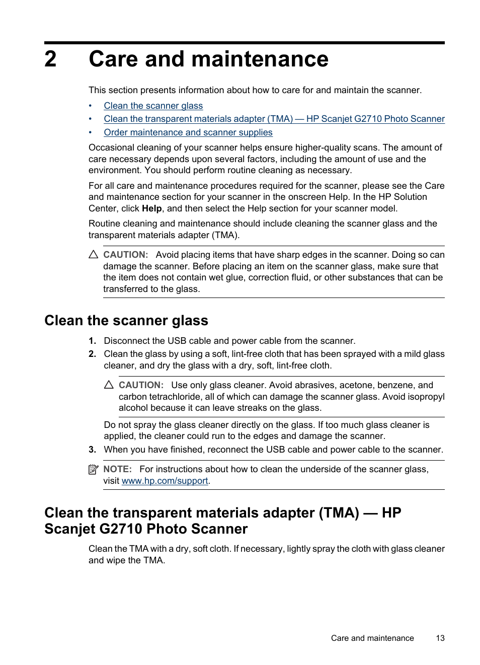 Care and maintenance, Clean the scanner glass, 2 care and maintenance | 2care and maintenance | HP Scanjet G2410 Flatbed Scanner User Manual | Page 15 / 30