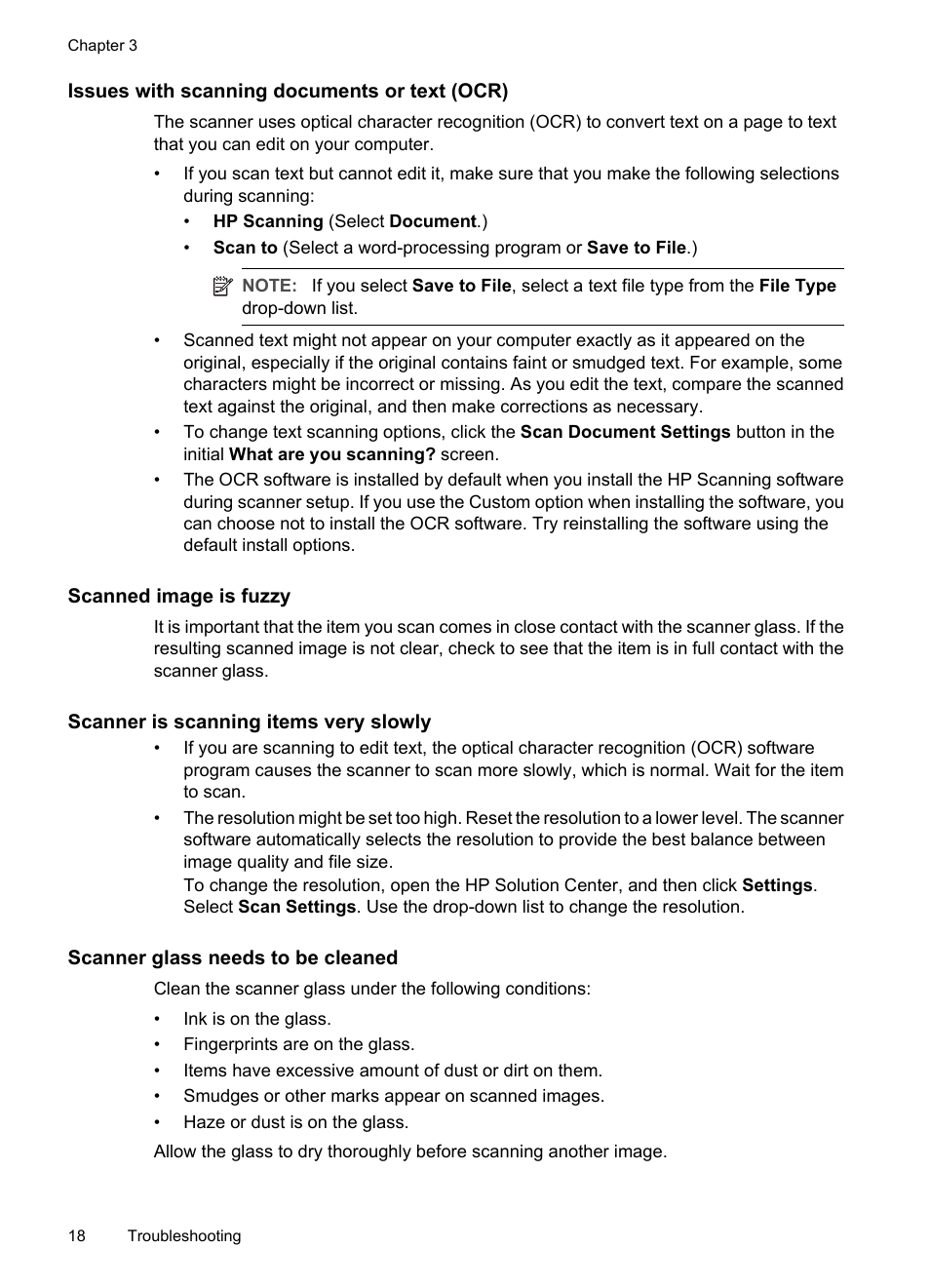 Issues with scanning documents or text (ocr), Scanned image is fuzzy, Scanner is scanning items very slowly | Scanner glass needs to be cleaned | HP Scanjet G2410 Flatbed Scanner User Manual | Page 20 / 30