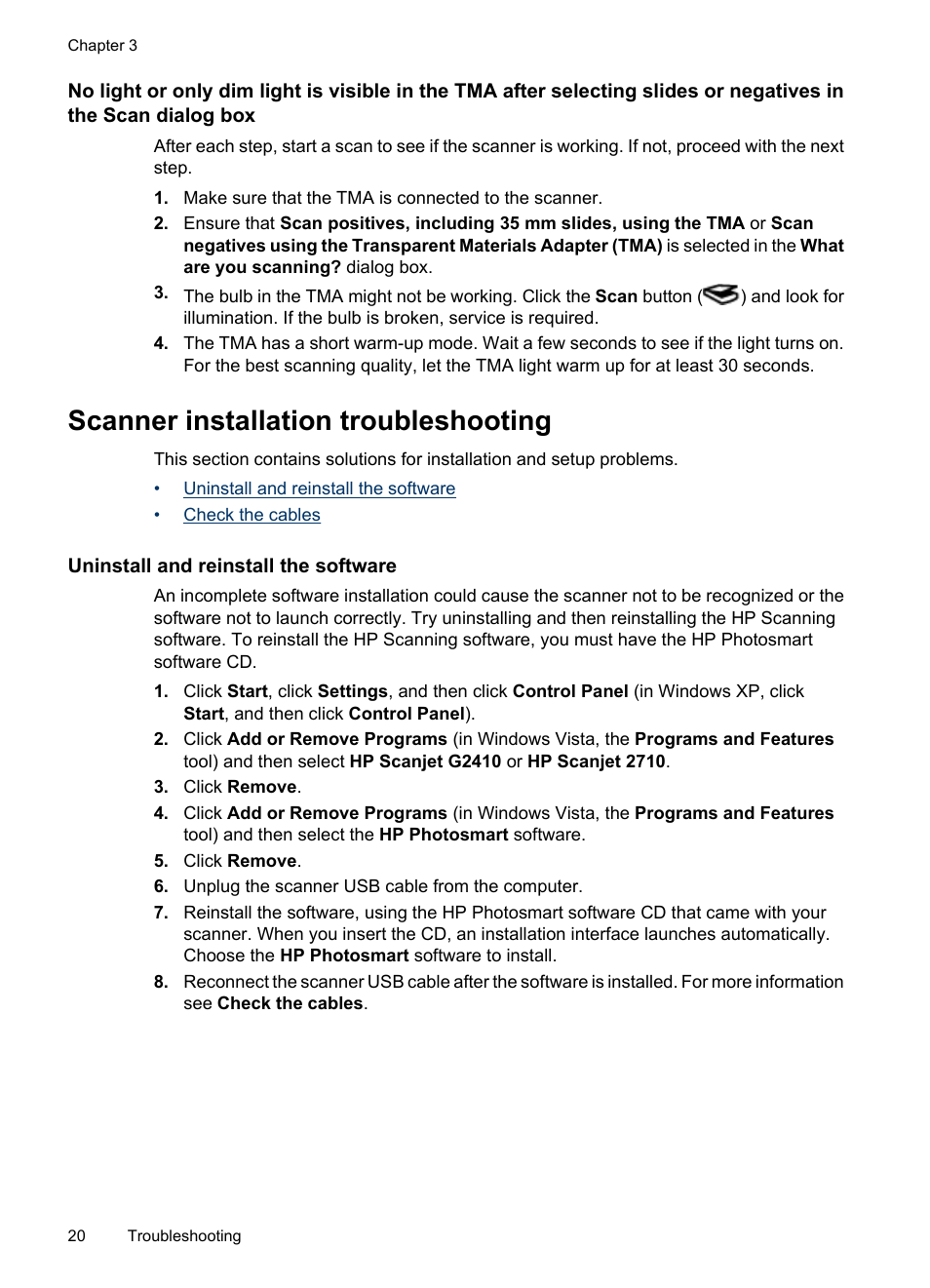 Scanner installation troubleshooting, Uninstall and reinstall the software | HP Scanjet G2410 Flatbed Scanner User Manual | Page 22 / 30