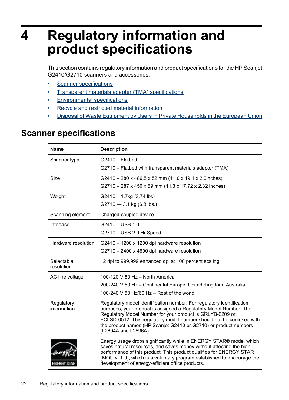 Regulatory information and product specifications, Scanner specifications, 4regulatory information and product specifications | HP Scanjet G2410 Flatbed Scanner User Manual | Page 24 / 30