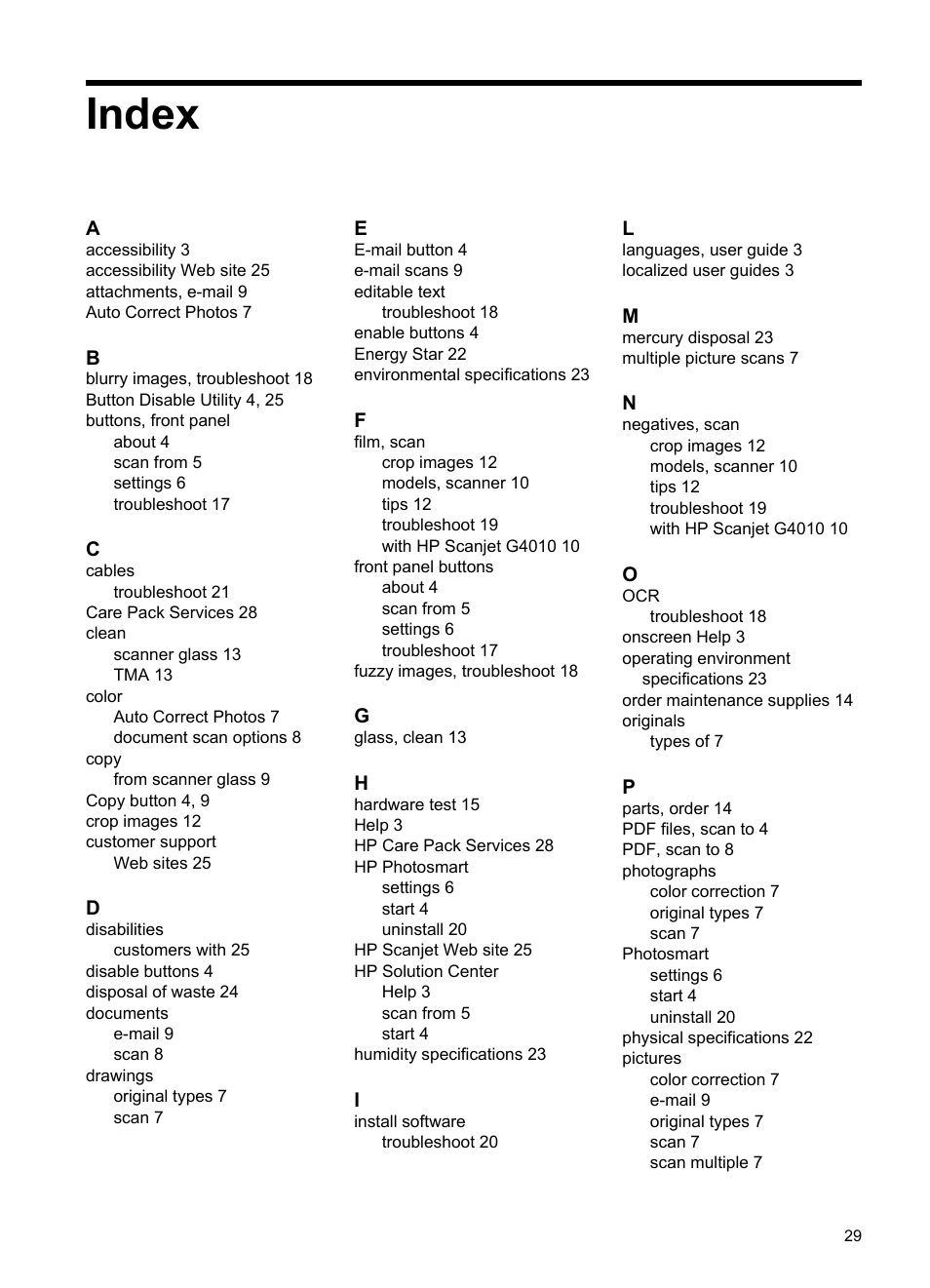 Index | HP Scanjet G2410 Flatbed Scanner User Manual | Page 29 / 30