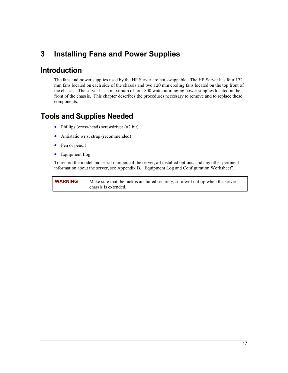 3 installing fans and power supplies, Introduction, Tools and supplies needed | Installing fans and power supplies, 3 installing fans and power supplies introduction | HP Integrity rx4610 Server User Manual | Page 24 / 201