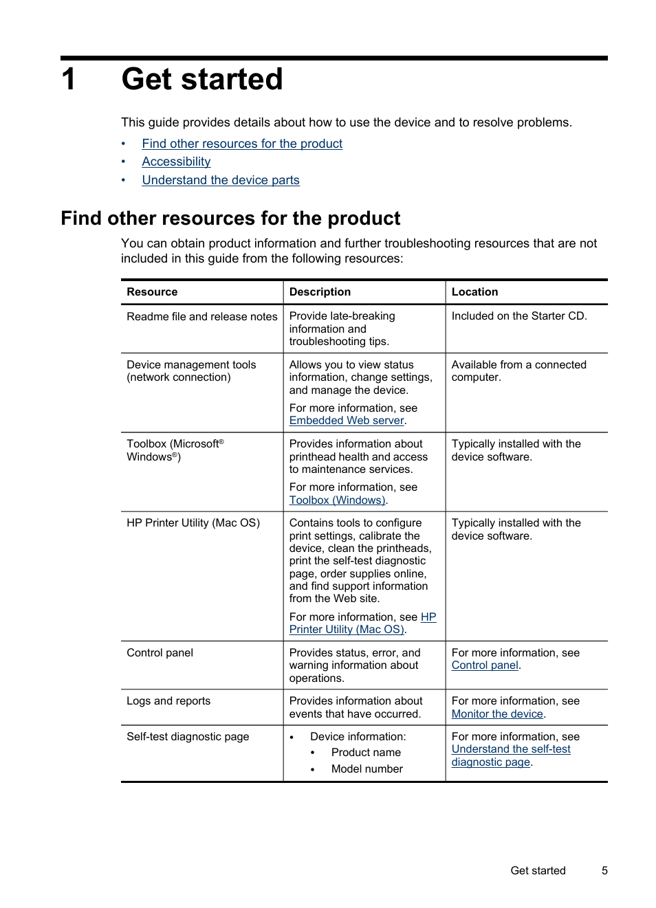 Get started, Find other resources for the product, 1 get started | 1get started | HP Officejet Pro K5400 Printer User Manual | Page 9 / 103