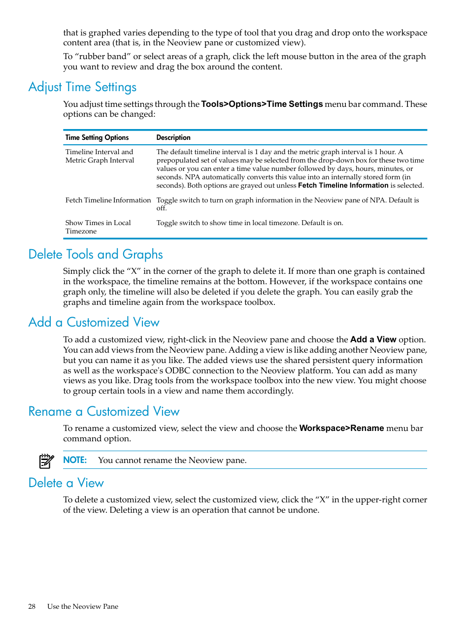 Adjust time settings, Delete tools and graphs, Add a customized view | Rename a customized view, Delete a view | HP Neoview Release 2.4 Software User Manual | Page 28 / 94