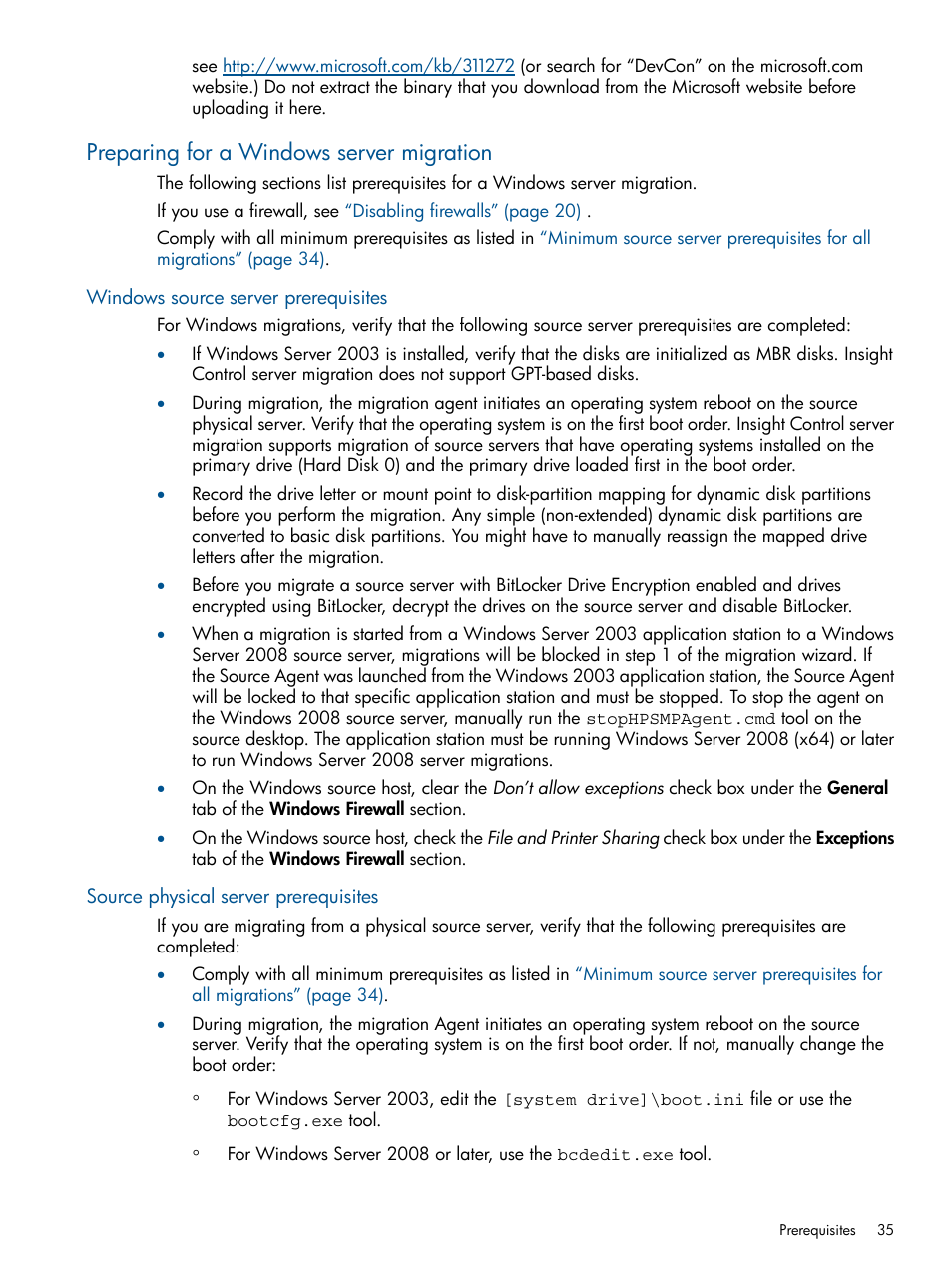 Preparing for a windows server migration, Windows source server prerequisites, Source physical server prerequisites | HP Insight Control User Manual | Page 35 / 82