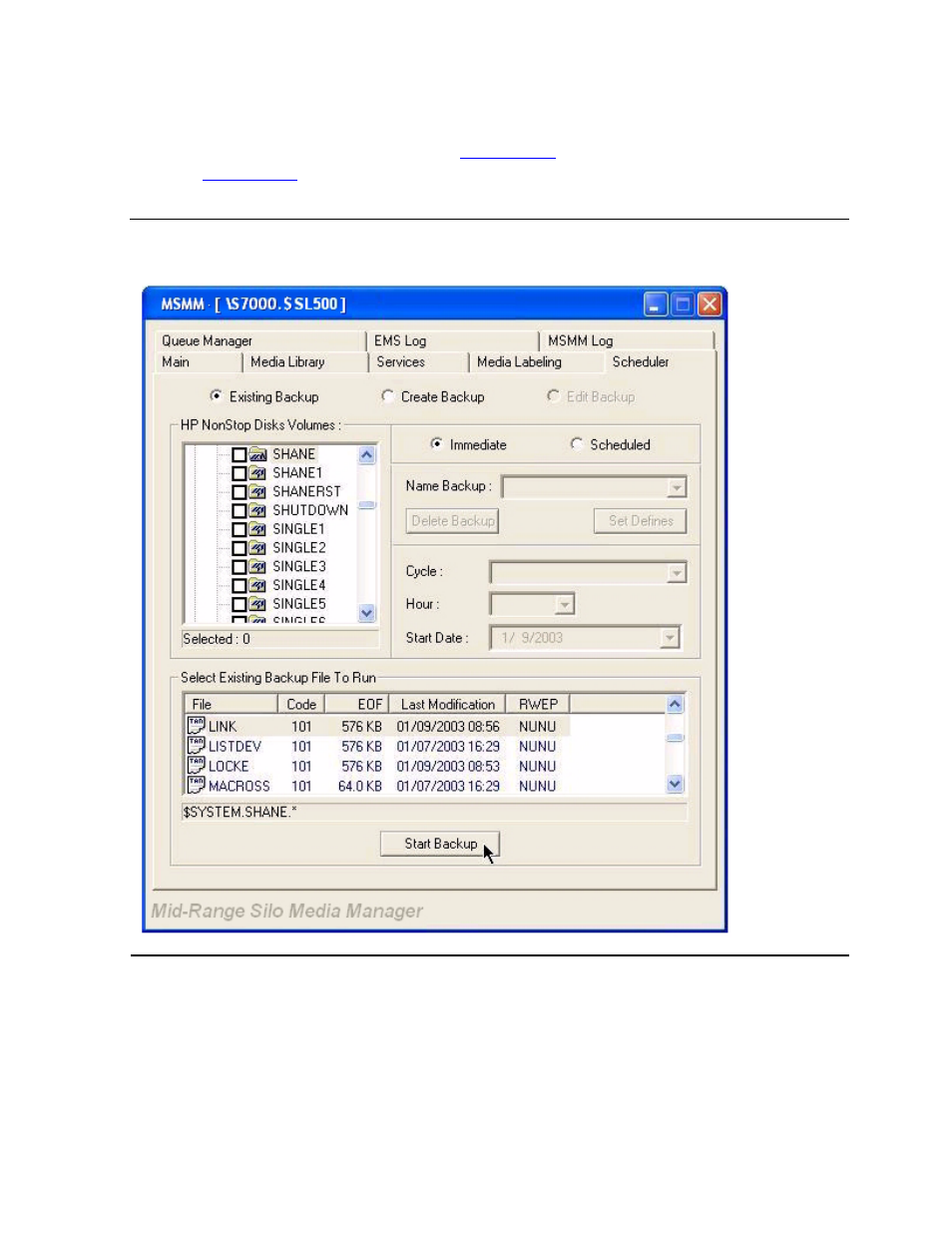 Figure 6-14, Existing immediate backup - file select, Existing immediate backup | HP NonStop G-Series User Manual | Page 103 / 216