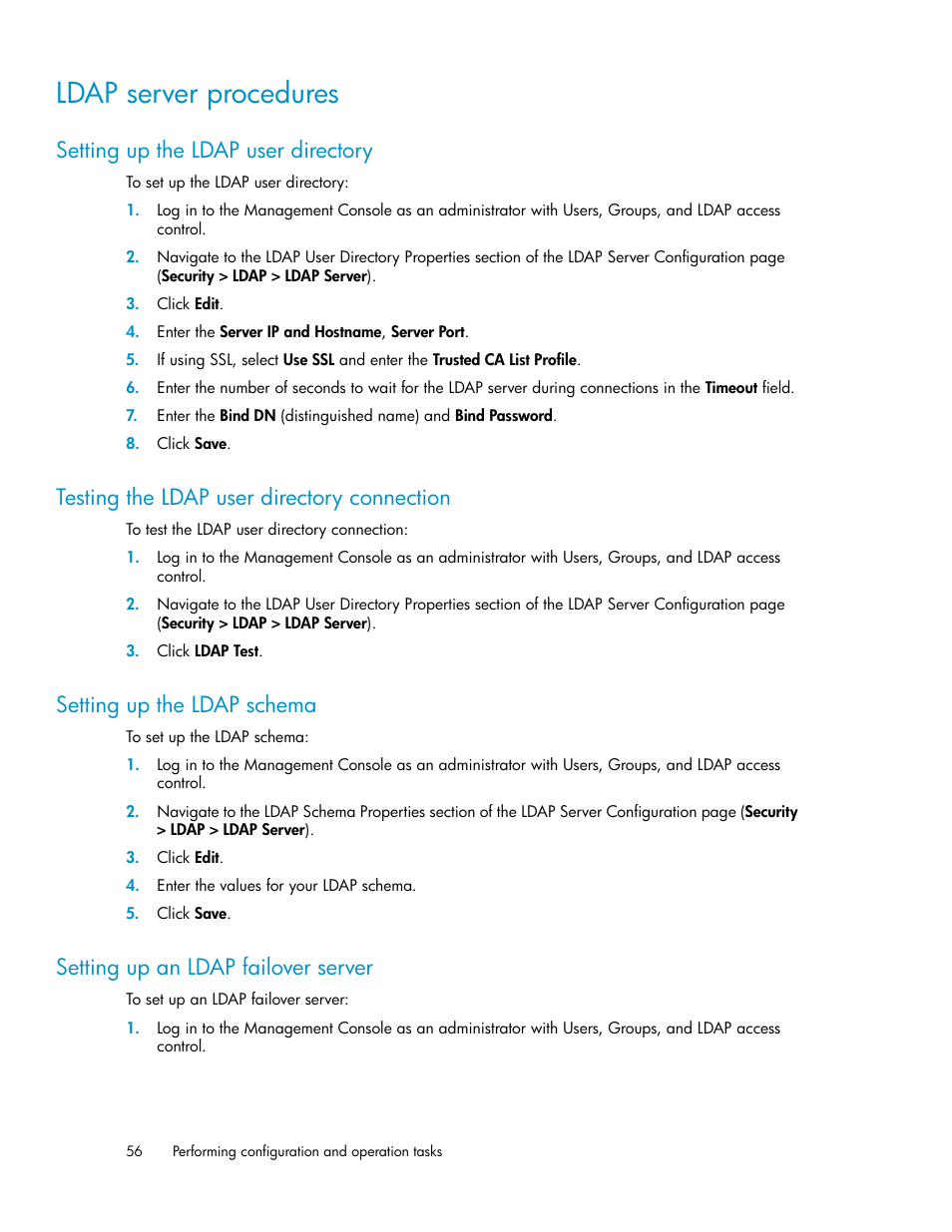 Ldap server procedures, Setting up the ldap user directory, Testing the ldap user directory connection | Setting up the ldap schema, Setting up an ldap failover server, 56 testing the ldap user directory connection, 56 setting up the ldap schema, 56 setting up an ldap failover server | HP Secure Key Manager User Manual | Page 56 / 352