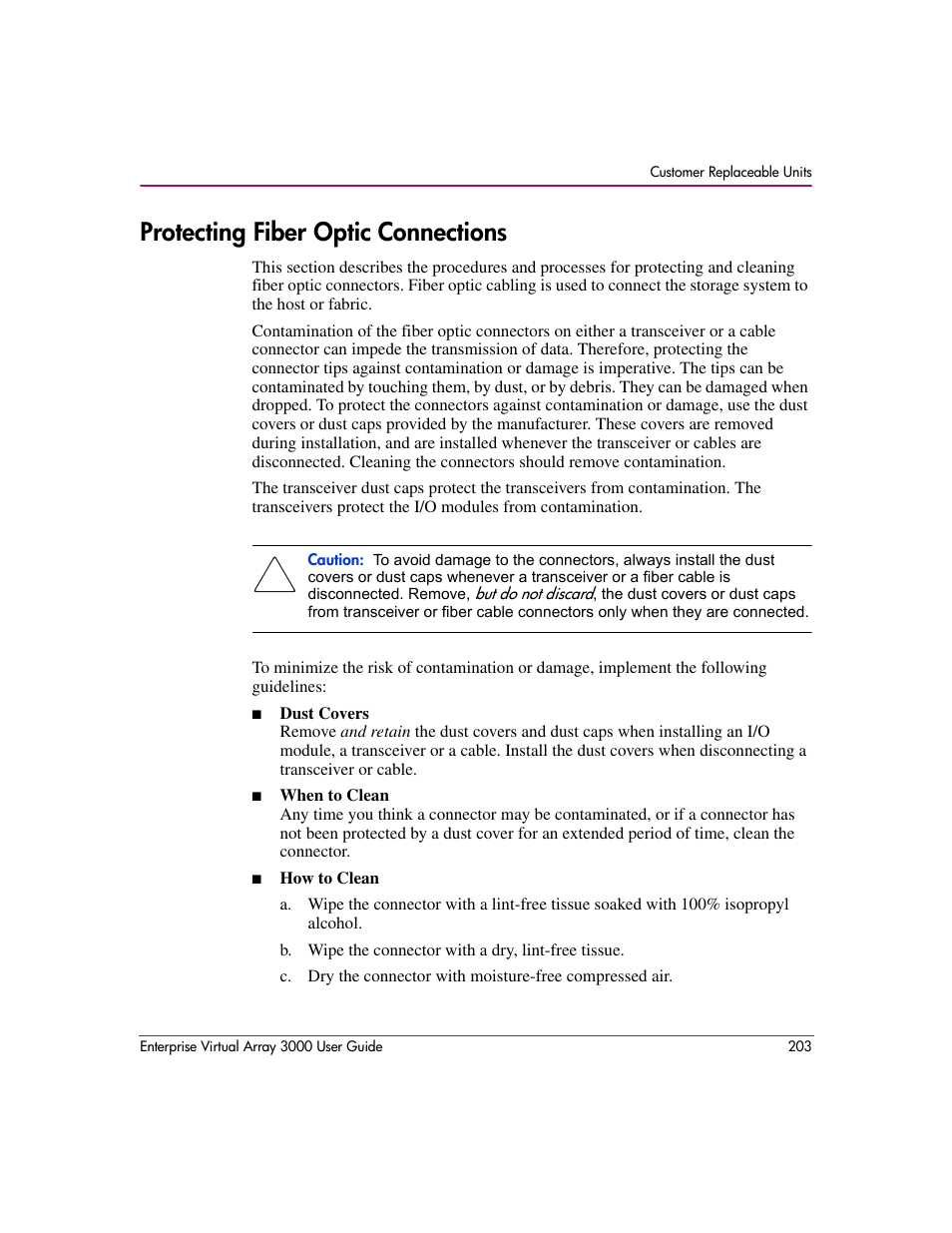 Protecting fiber optic connections | HP 3000 Enterprise Virtual Array User Manual | Page 203 / 244