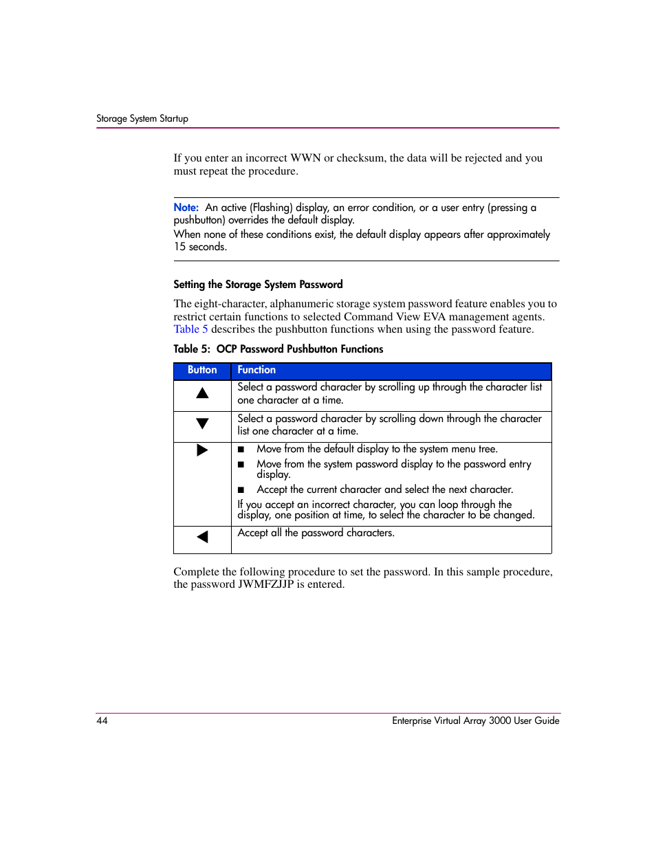 5 ocp password pushbutton functions | HP 3000 Enterprise Virtual Array User Manual | Page 44 / 244