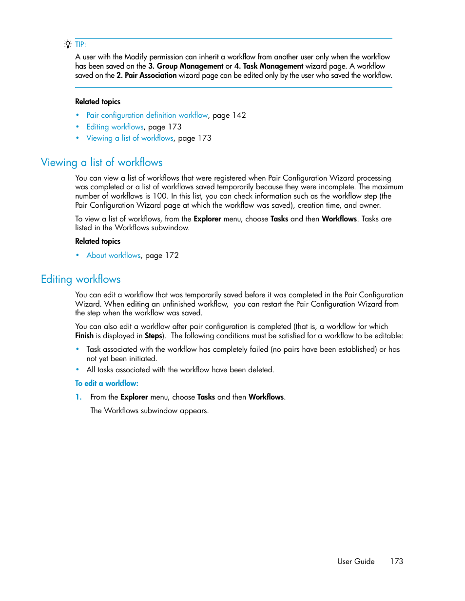 Viewing a list of workflows, Editing workflows, 173 editing workflows | HP XP P9000 Command View Advanced Edition Software User Manual | Page 173 / 468