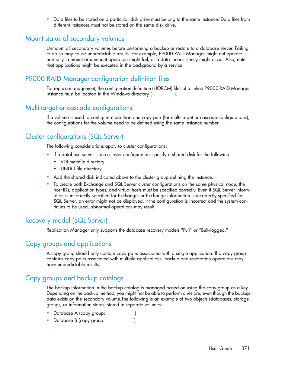 Mount status of secondary volumes, P9000 raid manager configuration definition files, Multi-target or cascade configurations | Cluster configurations (sql server), Recovery model (sql server), Copy groups and applications, Copy groups and backup catalogs | HP XP P9000 Command View Advanced Edition Software User Manual | Page 371 / 468